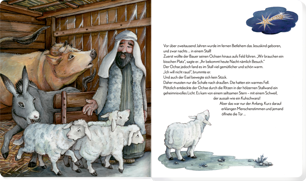 Buchinnenabbildung mit Illustration eines Mannes im weißen Gewand, der in einem Stall mit einem Ochsen, einem Esel und mehreren Schafen steht.