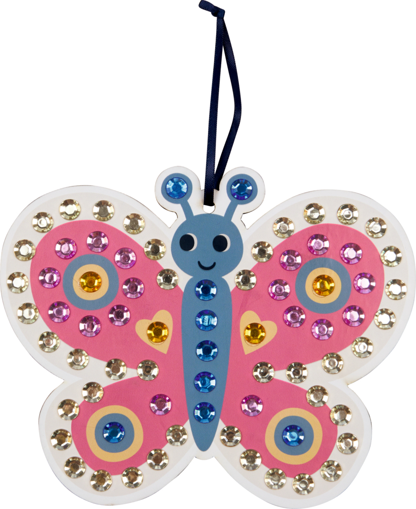 Ein Schmetterlingsanhänger mit bunten Steinen, blauem Körper, rosa Flügeln und schwarzem Band.