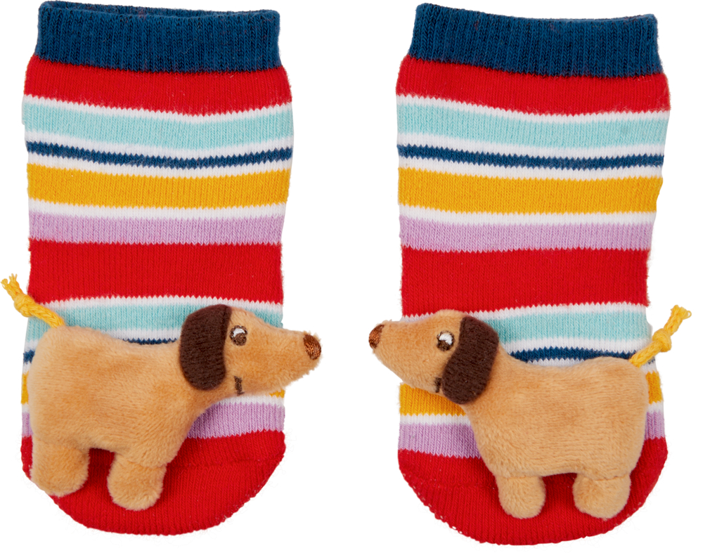 Bunt gestreifte Socken mit plüschigen, hellbraunen Hunden auf den  Zehen, wobei die Hunde einander zugewandt sind.
