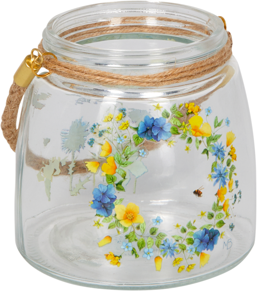 Glasgefäß mit Seilhenkel, verziert mit einem Blumenkranz aus blauen und gelben Blumen.