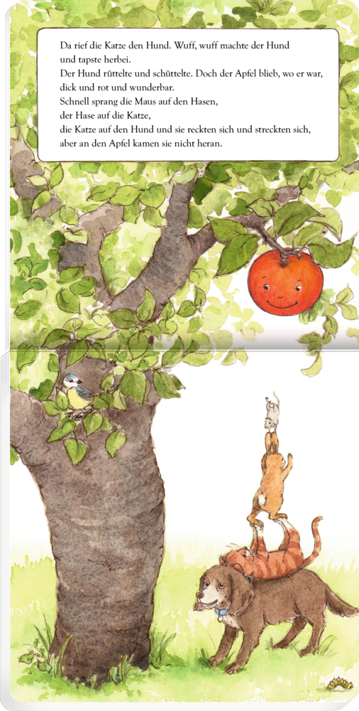Hund, Katze und Maus versuchen, einen roten Apfel am Baum zu erreichen, die Maus sitzt auf der Katze und die Katze auf dem Hund, auf einer Innenansicht mit Text.