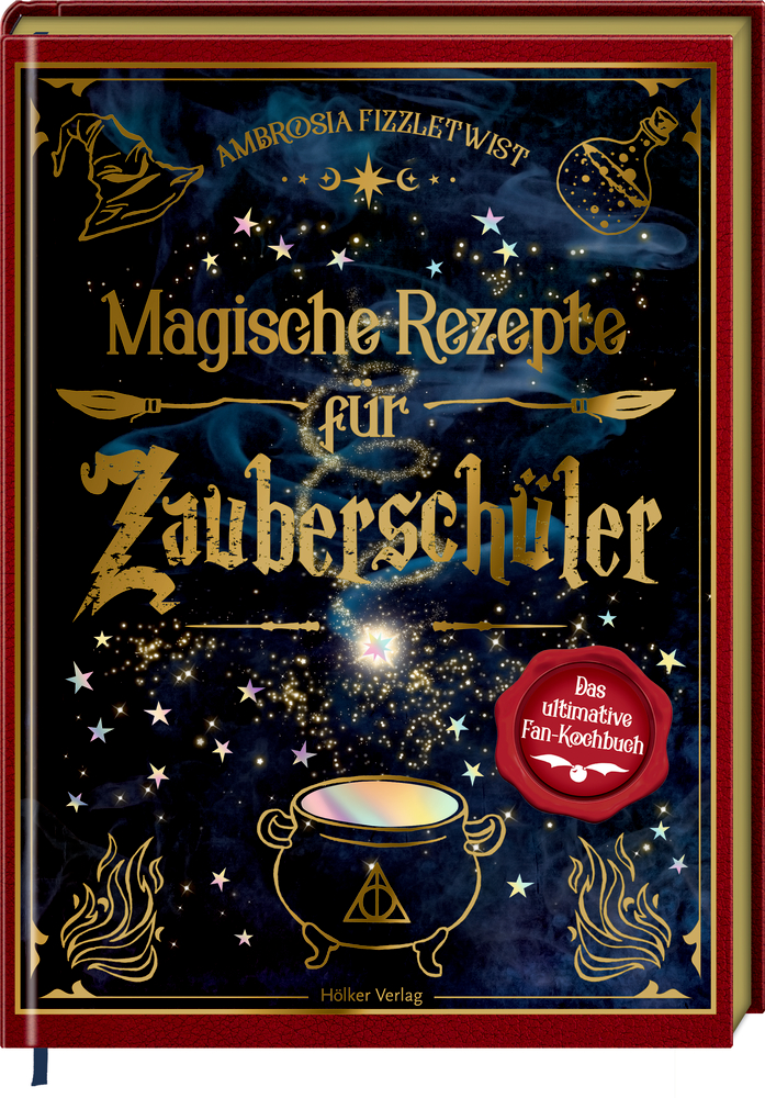 Magische Rezepte für Zauberschüler: Goldene Schrift und magische Symbole auf dunklem Hintergrund mit Sternen. Daneben Text in alter Schrift.