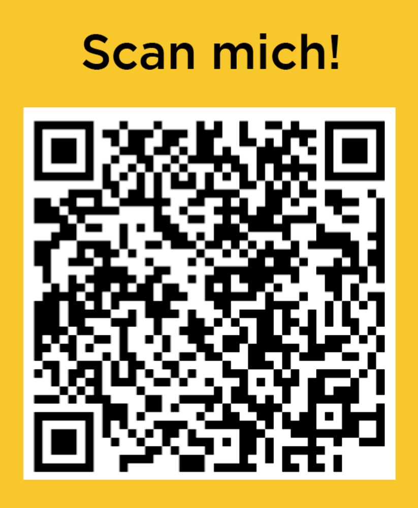 Ein QR-Code. Darüber steht Scan mich!. Hintergrund ist gelb.