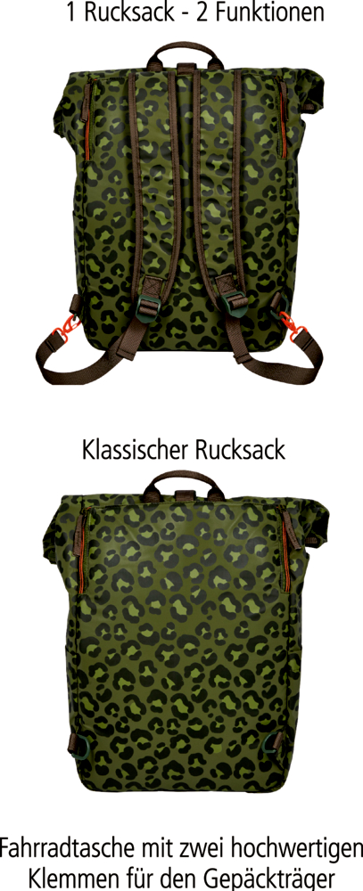 Grüner Rucksack mit dunkelgrünem Leopardenmuster, braunen Trägern und zwei Klemmen an der Rückseite.