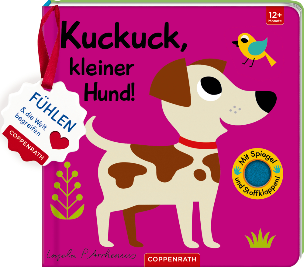 Pinkfarbener Einband mit Hund, Vogel und dem Titel: „Kuckuck, kleiner Hund!“.