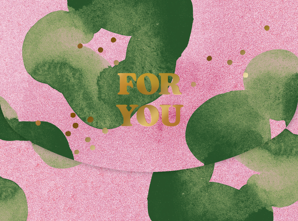 Rosa Umschlag mit grünen abstrakten Formen, goldenen Punkten und goldener Aufschrift „FOR YOU“.