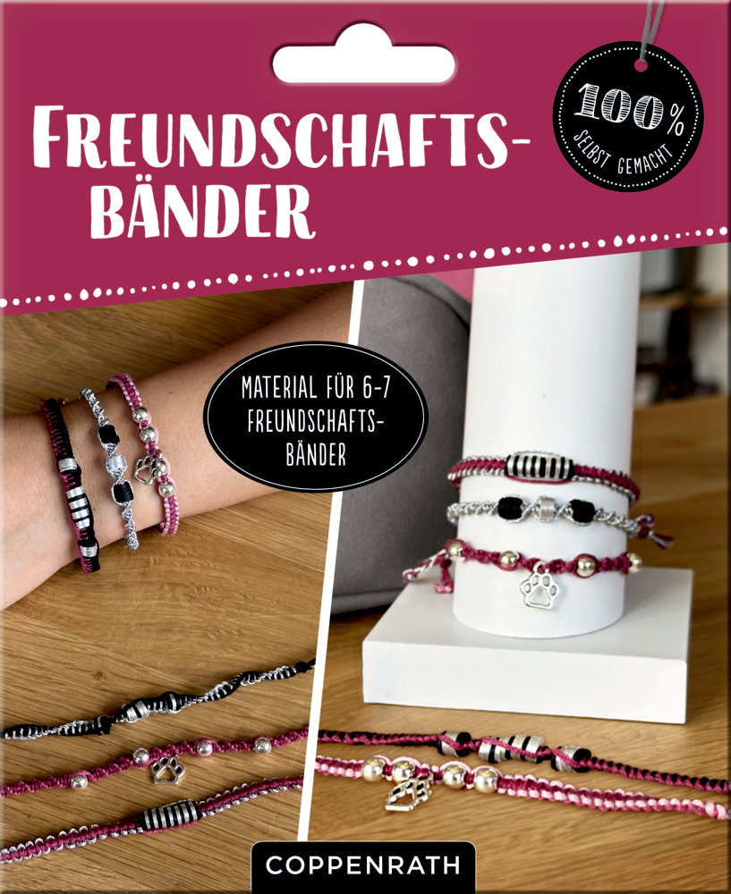Freundschaftsarmband-Set in Rosa-, Schwarz- und Silbertönen mit abgebildeten Beispielarmbändern.