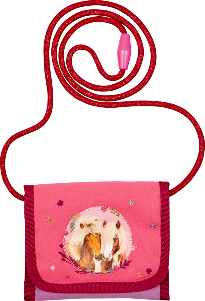 Rosafarbenes Täschchen mit rotem Riemen, verziert mit zwei Pferdeillustrationen und floralen Akzenten auf der Vorderseite.