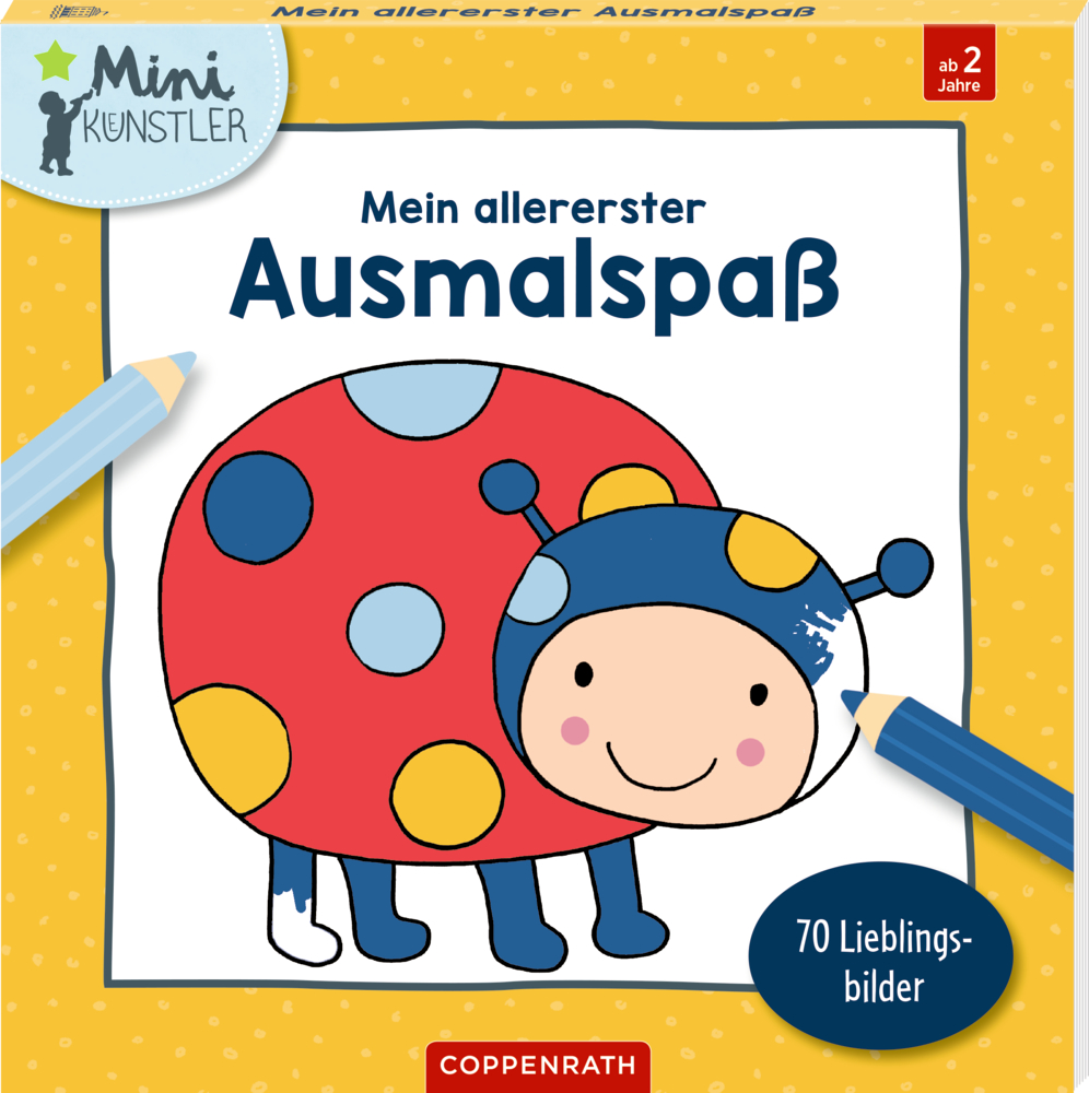 Kinder-Malbuch mit Illustration eines Marienkäfers mit blauen, gelben und roten Flächen auf gelbem Hintergrund.