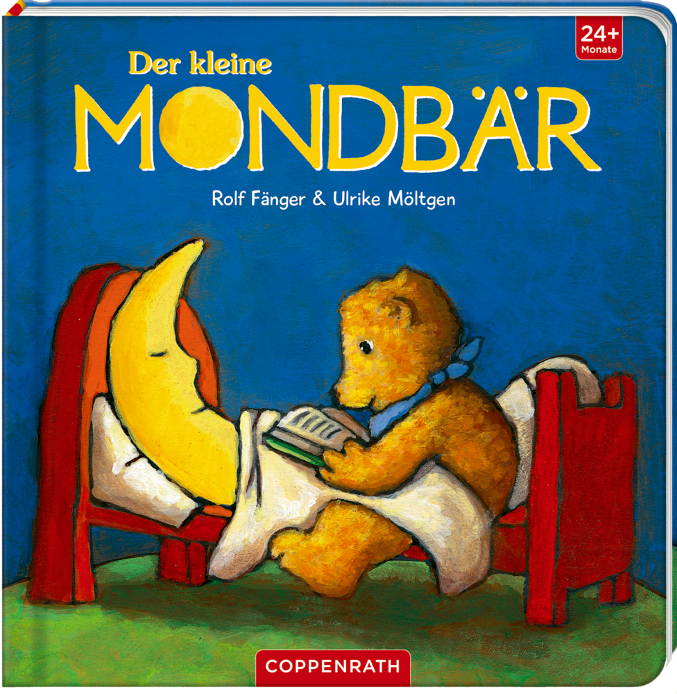 Der Mondbär liest dem Mond im Bett ein Buch vor; Buchcover: Der kleine MONDBÄR.