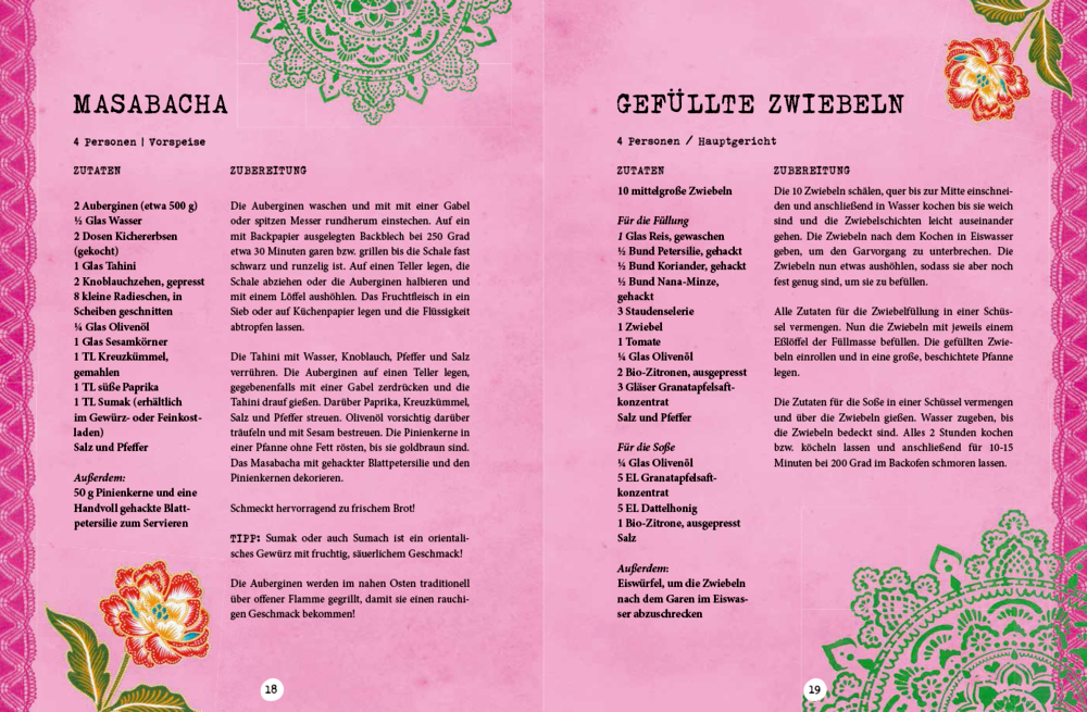 Zwei Rezeptseiten mit rosa Blumenmuster für Masabacha und Gefüllte Zwiebeln.