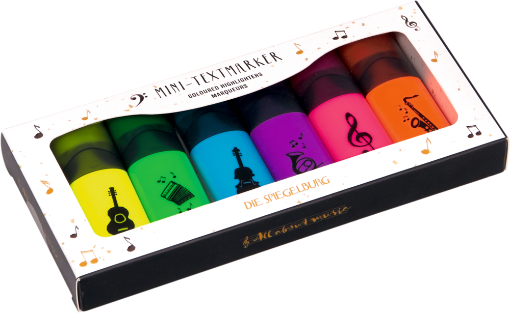 Sechs Mini-Textmarker in einer Schachtel, verschiedene Farben, alle mit einem anderen Musikinstrument bedruckt.