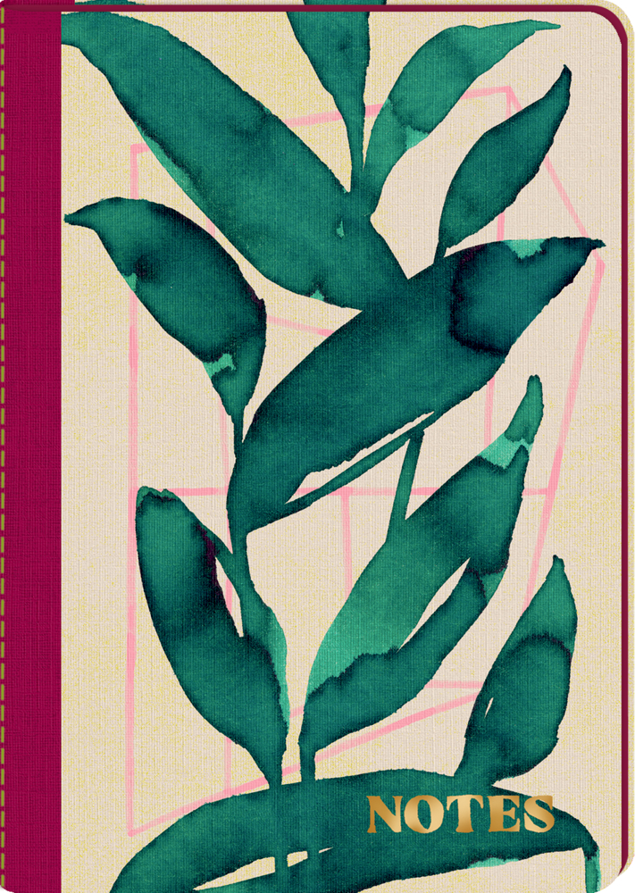 Notizbuch mit grünem Blättermuster auf beigem Hintergrund, lila Buchrücken und goldener Aufschrift „NOTES“.