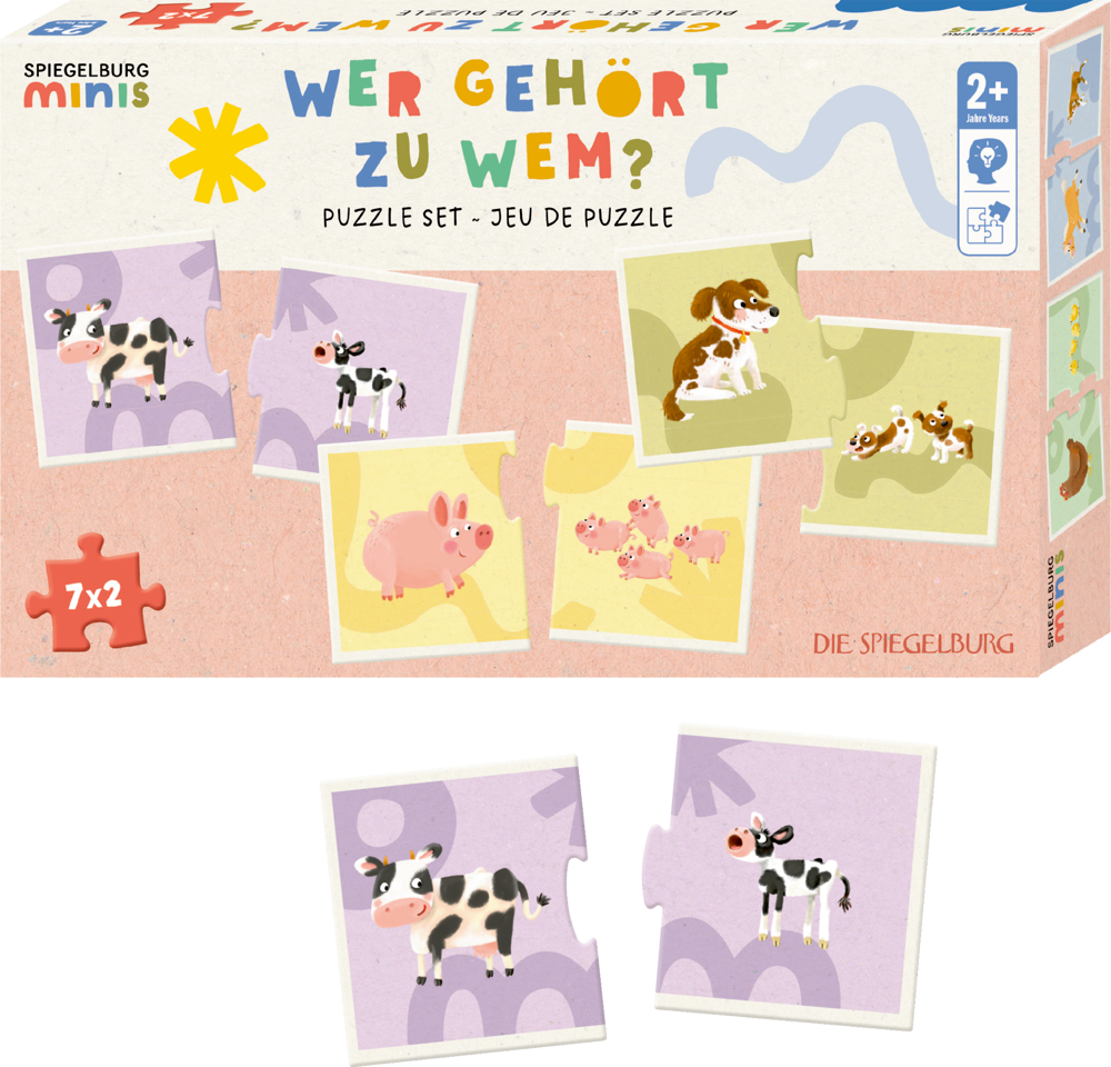 Puzzle-Verpackung mit Tierbildern, darunter Kuh, Ferkel und Hund, sowie zwei Puzzleteile mit Kälbchenmotiven.