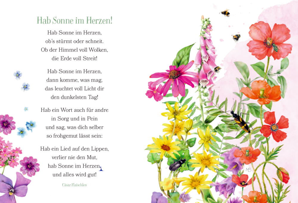 Fröhliches  Gedicht „Hab Sonne im Herzen!“ mit Bienen und einer lebendigen Blumenillustrationauf einer Seite.