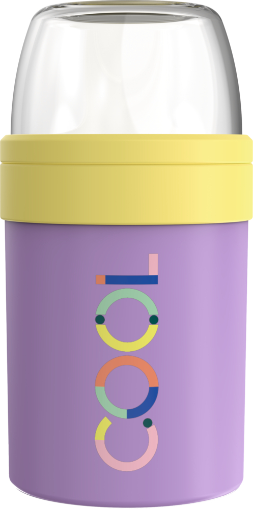 Lila Lunchpot, gelber Deckel, „cool“ in bunten vertikalen Buchstaben an der Seite.