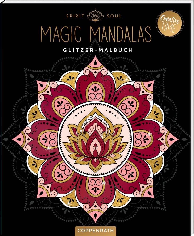Cover mit dem Schriftzug Magic Manadlas, darunter: verziertes Mandala in Gold, Pink und Rosa auf schwarzem Hintergrund.