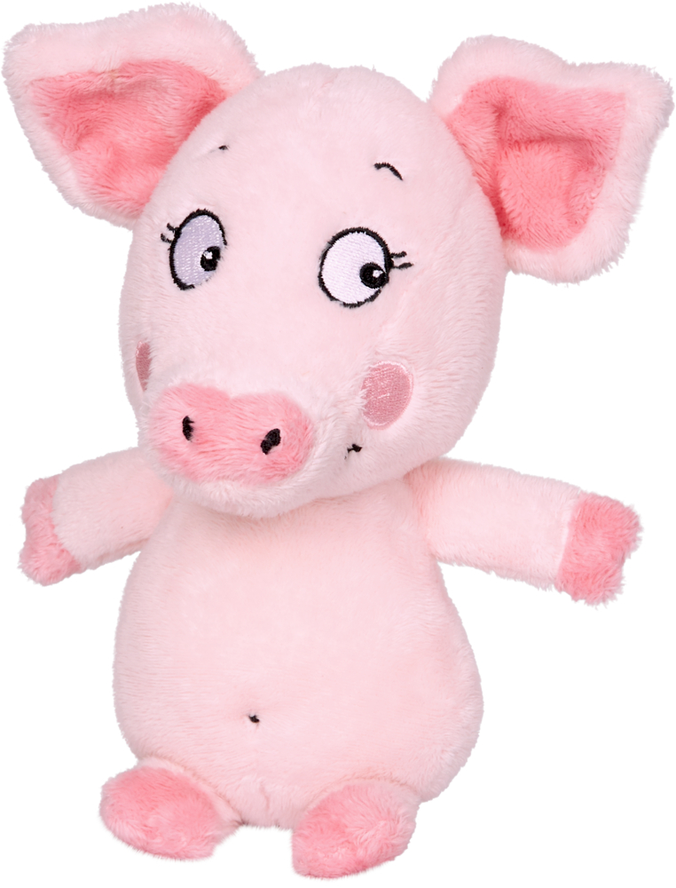 Ein rosa Plüschschweinchen mit großen Ohren, gestickten Augen und einem süßen, lächelnden Gesicht.