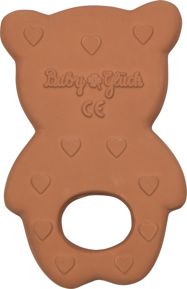 Rückseite eines Beißrings in Bärenform mit geprägten Herzen und der Aufschrift Baby Glück.