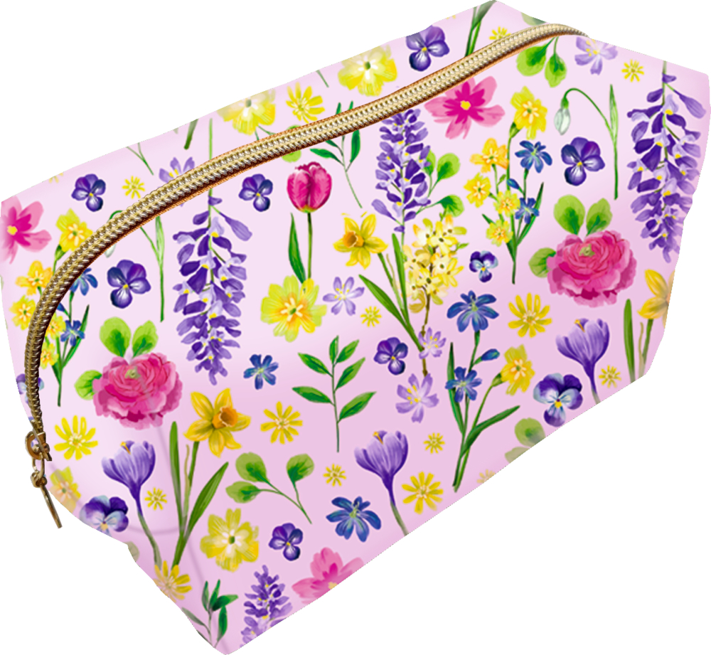 Rechteckiger Beutel mit goldenem Reißverschluss und farbenfrohen Blumenmustern auf hellrosa Hintergrund.