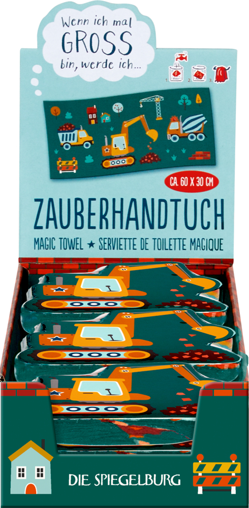 Zauberhandtuch-Displaybox mit Baufahrzeug-Motiven von Die Spiegelburg.
