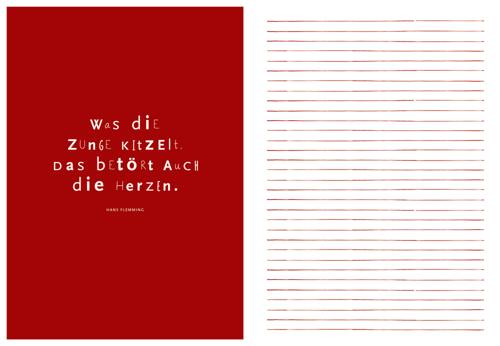 Zwei Abbildungen. Links: rotes Cover mit weißem Kochzitat. Rechts: Innenansicht mit roten handgezeichneten horizontalen Linien auf WeiÃŸ.