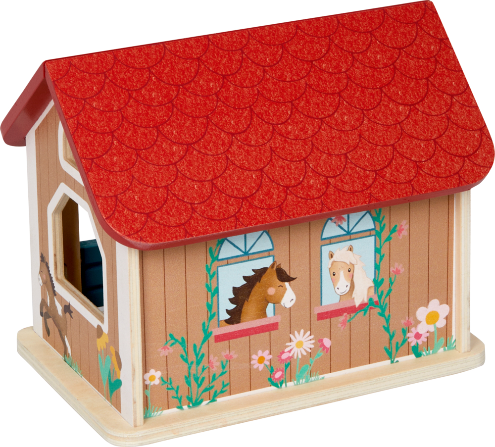 Holzspielzeugscheune mit rotem Dach, aufgemalten Blumen und Comic-Pferden, die aus den Fenstern schauen.