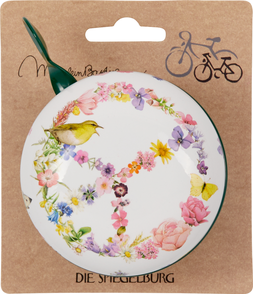 Große, weiße Fahrradklingel mit floralem Peace-Zeichen, präsentiert auf einer braunen Kartonverpackung.