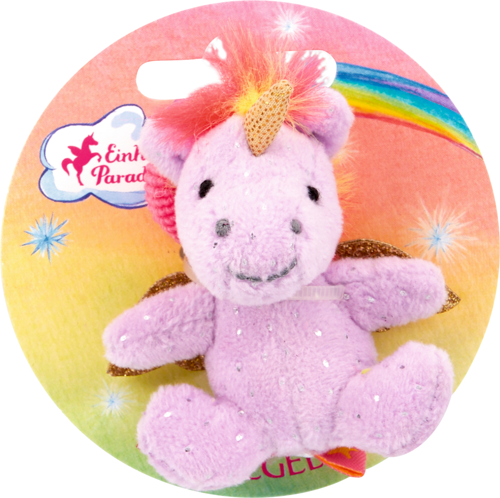 Hellviolettes Plüsch-Einhorn mit goldenen Flügeln auf einer runden Regenbogenpappkarte.