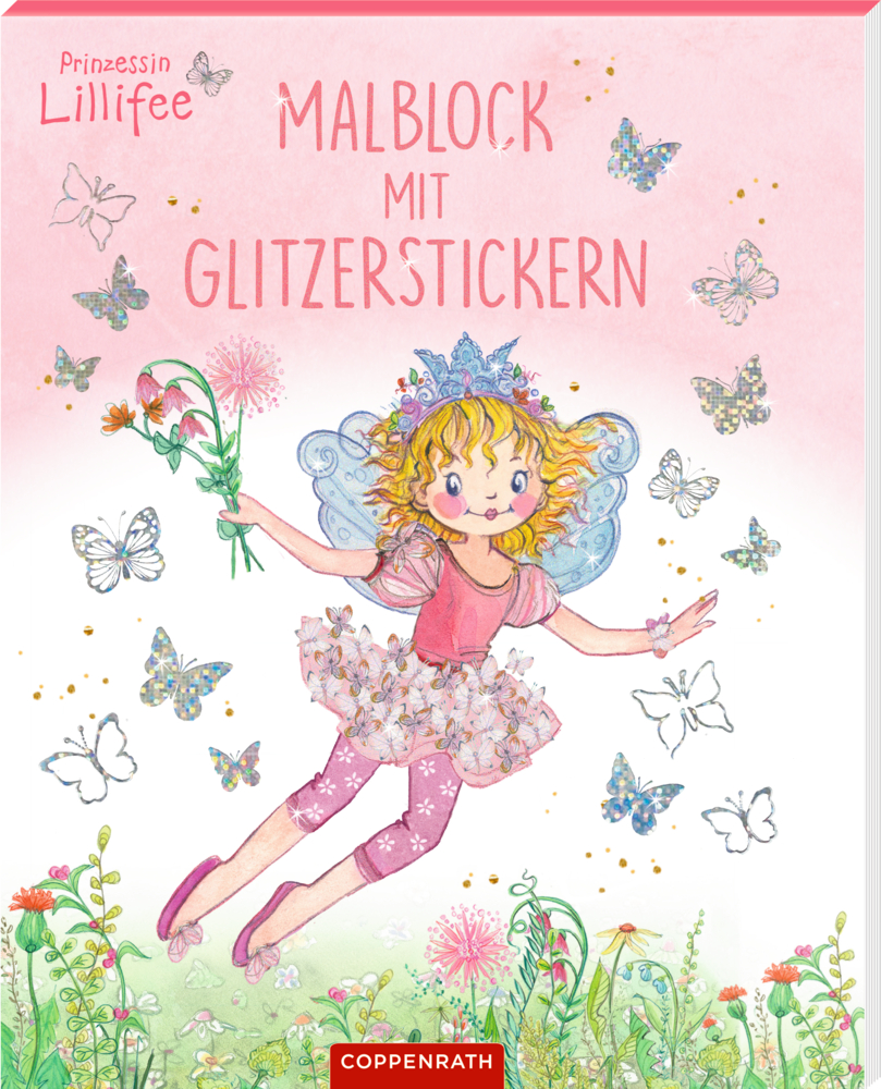Prinzessin Lillifee fliegt mit Blumen, umgeben von Schmetterlingen auf einem rosa glitzernden Hintergrund.