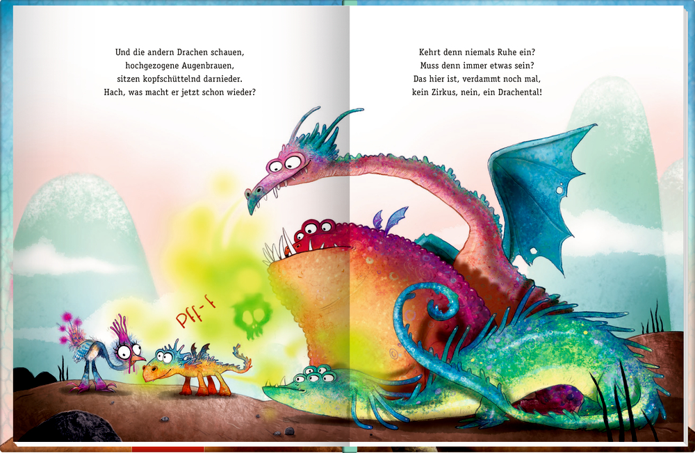 Vier bunte Comic-Drachen treffen ein Huhn.