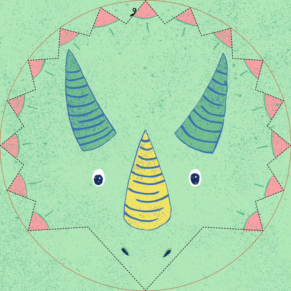 Triceratops-Gesicht mit gestreiften Hörnern in einem gepunkteten ausgeschnittenen Kreis.