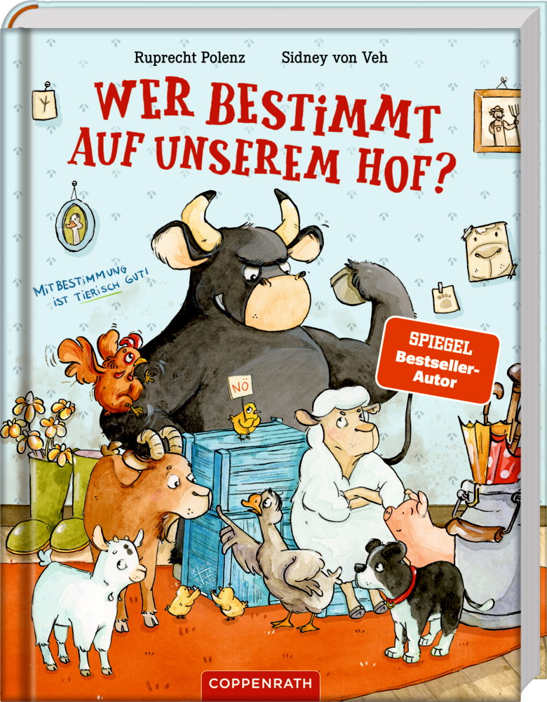 Auf einem Buchcover mit dem Titel "Wer bestimmt auf unserem Hof?" umgeben von Illustrierten Tieren in einem Wohnzimmer.
