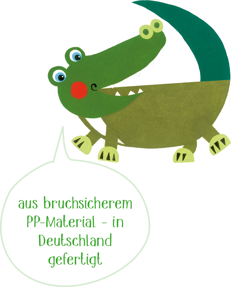 Lächelndes, grünes Krokodil mit einer Sprechblase und dem Text "Aus bruchsicherem Polypropylen, in Deutschland gefertigt"