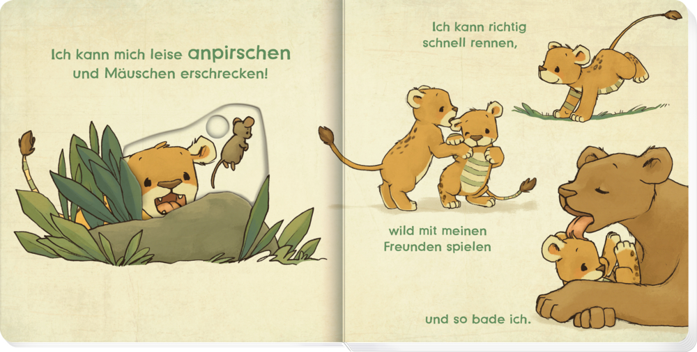 Buchinnenabbildung mit Illustrationen von Löwenkindern und einem hochgeschobenem Schieber, auf dem ein weiterer kleiner Löwe sichtbar wird.