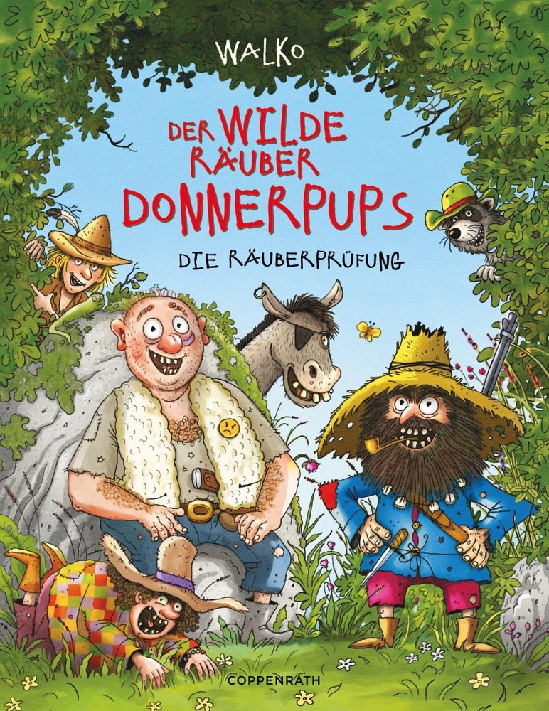 Fröhliche Räuber und ein Esel in einer farbenfrohen Waldszene mit dem Buchtitel darüber.