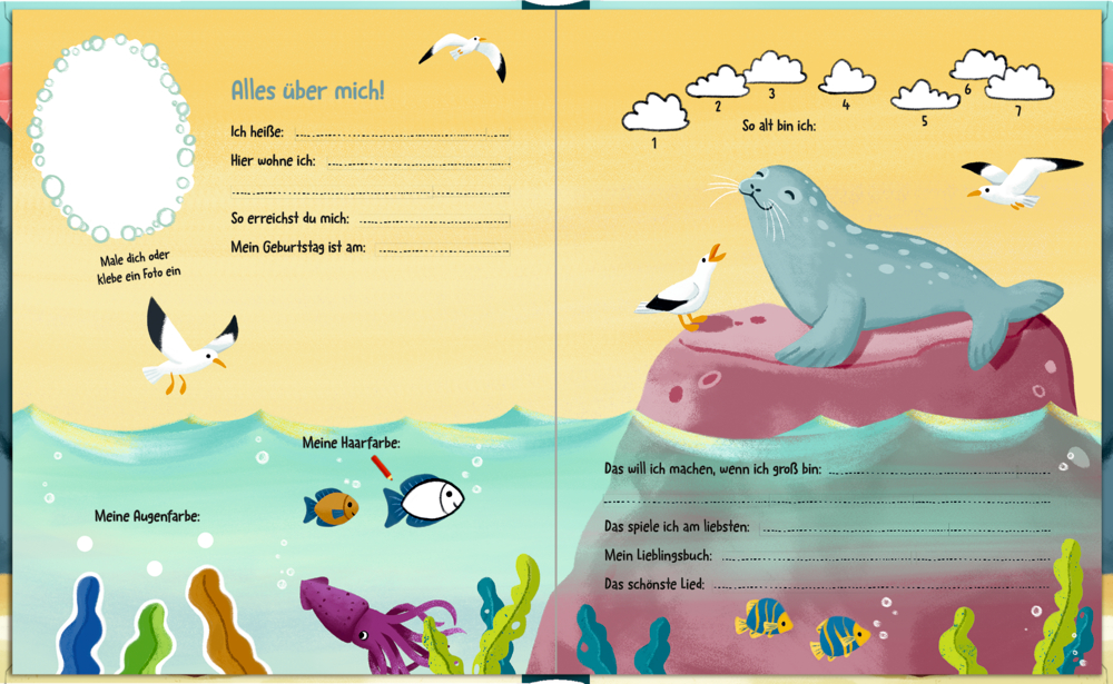 Kinderbuchseite mit Seehund auf Felsen, Möwen, Fischen und Fragen zum Ausfüllen über die eigene Person.