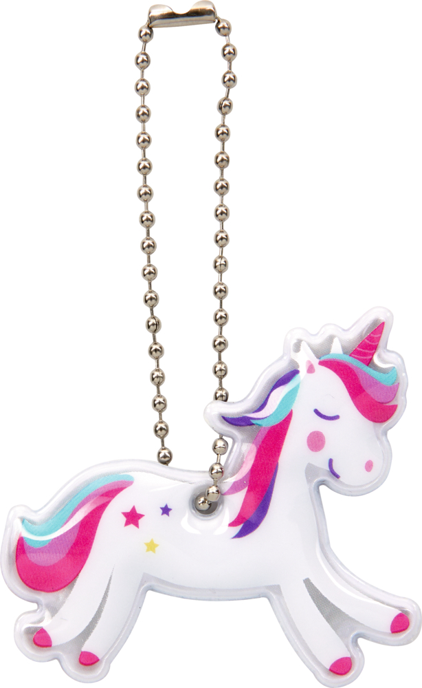 Niedliches weißes Einhorn mit rosa, blauer und lila MÃ¤hne und Schweif an einer Metallkette.