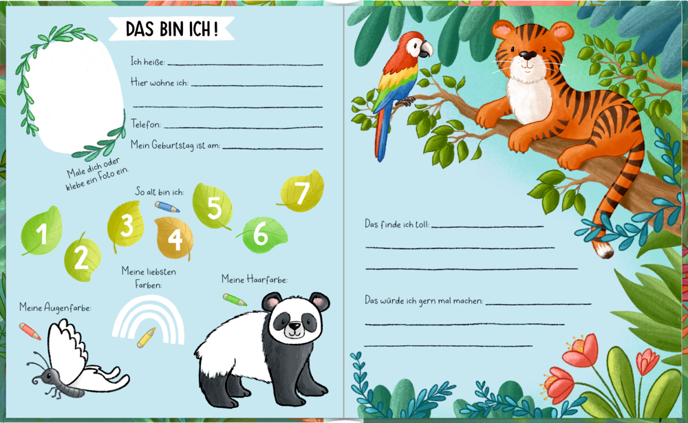 Bunte Freundebuchseite mit Ausfüllfeldern und Tieren wie Tiger, Panda, Papagei und Schmetterling.