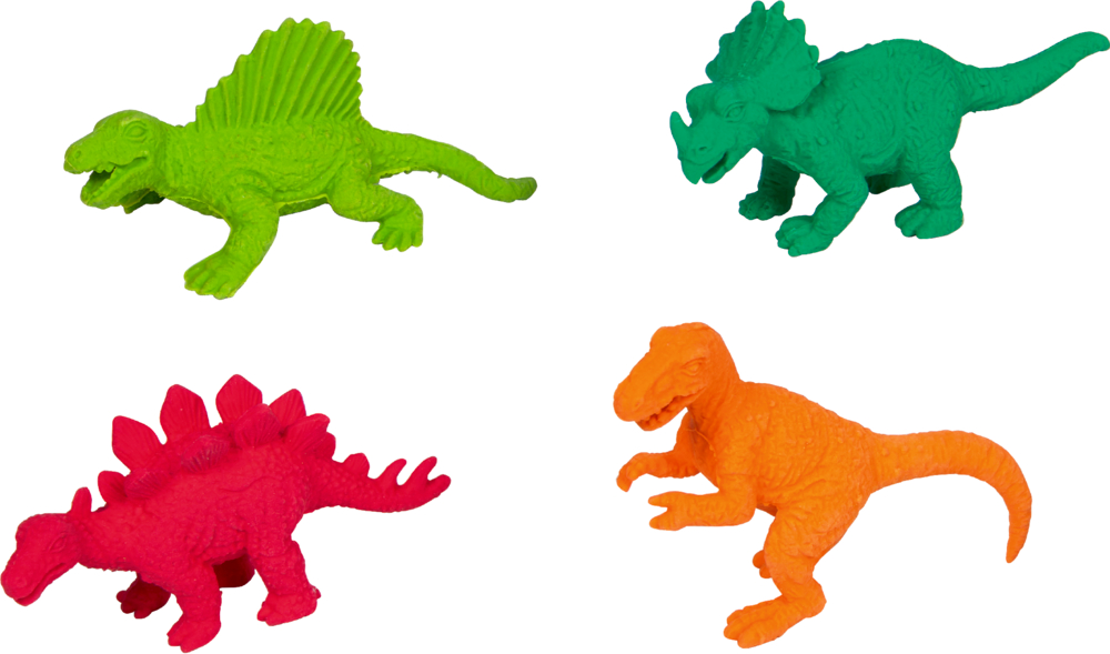 Vier bunte 3D Dinosaurier-Radiergummifiguren in Hellgrün, Dunkelgrün, Rot und Orange.