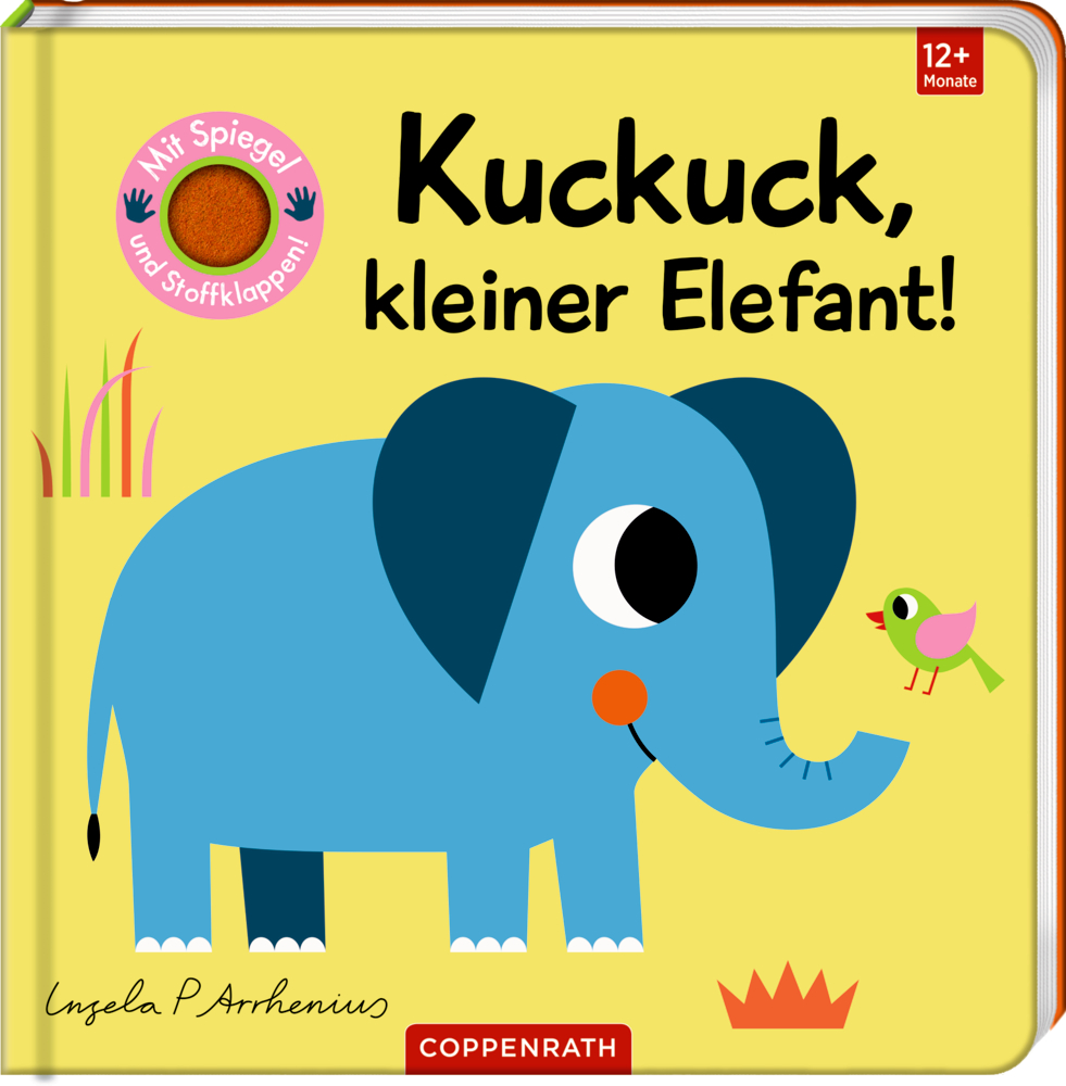 Blauer Elefant und kleiner grüner Vogel auf gelbem Cover eines Kinderbuchs mit dem Titel "Kuckuck, kleiner Elefant".