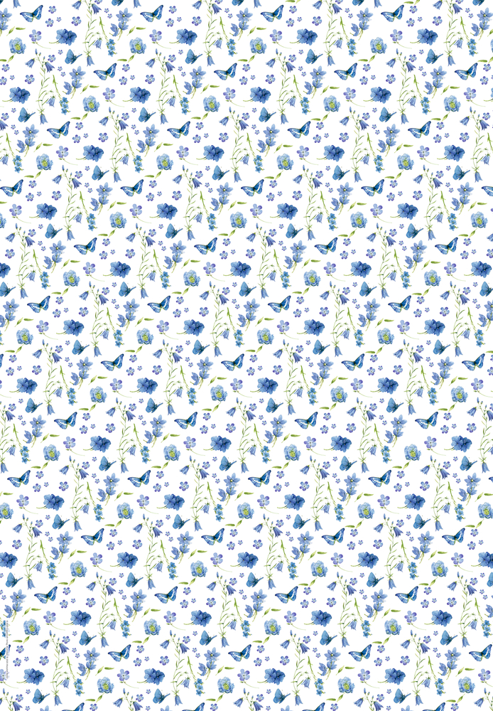 Geschenkpapierbogen: Blaue Schmetterlinge, grüne und blaue Blumen und Blätter bilden ein nahtloses Muster auf weißem Hintergrund.
