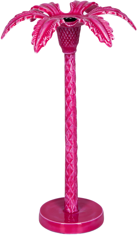 Pinkfarbener Kerzenhalter in Form einer Palme mit rundem Fuß und strukturierter Oberfläche.