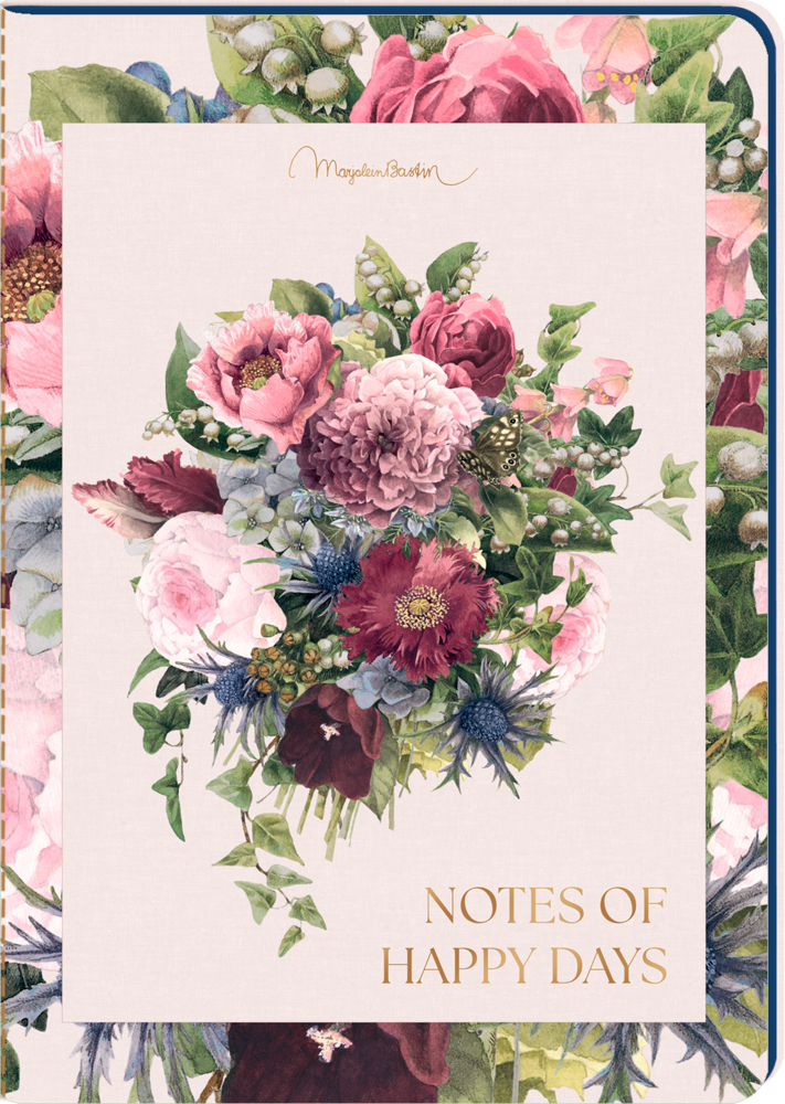 Notizbuch mit Blumenmotiv in Rosa, Rot und Grün, goldener Schriftzug „Notes of Happy Days“ auf dem Cover.
