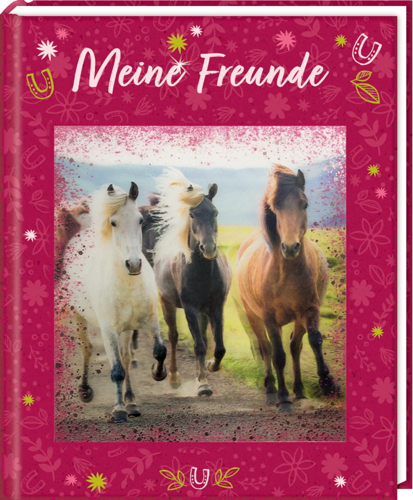 Freundebuchcover: Drei Pferde laufen auf einem Pfad über umrandet von einem rosa Blumenhintergrund, auf dem „Meine Freunde“ steht.