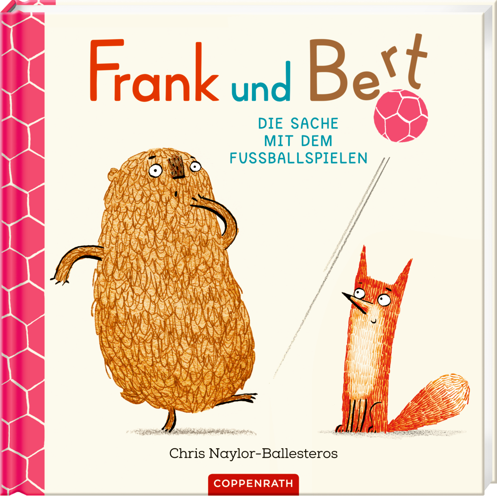 Lustig gezeichenter Bär und Fuchs mit Fußball. Buchcover mit dem Titel „Frank und Bert.