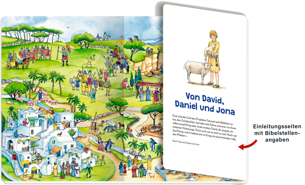Biblische Dorfszene auf einer Doppelseite mit Menschen, Tieren, Hügeln und einem Junge mit Schafen der auf der rechten Seite erscheint.