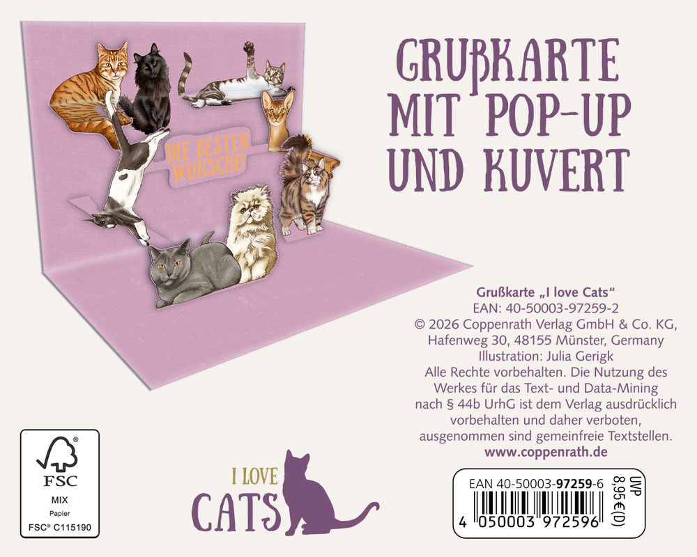 Rosa Pop-up-Grußkarte mit mehreren Katzenillustrationen und dem Schriftzug „Die besten Wünsche“.
