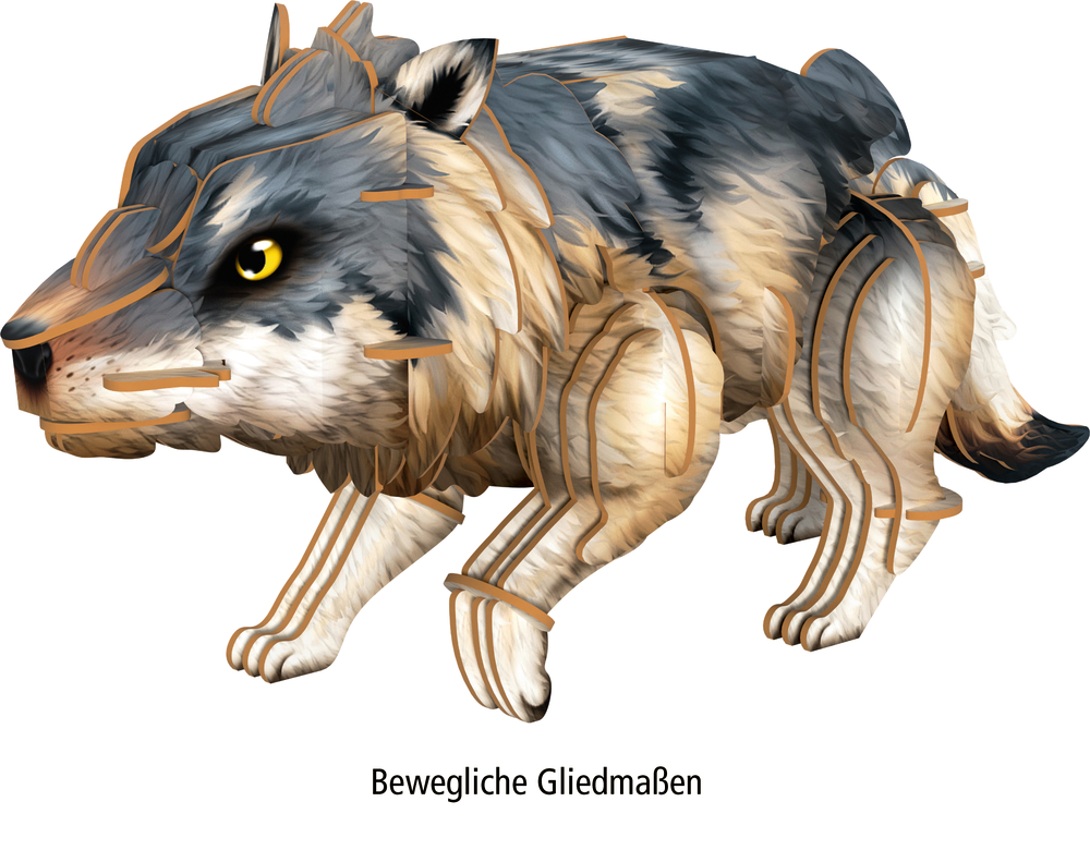 3D-Modell eines Wolfes mit markierten beweglichen Gliedmaßen in Braun- und Grautönen.