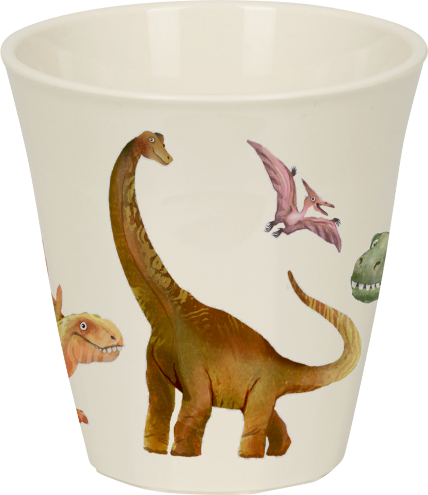 Weißer Becher mit Dinosaurier-Illustrationen.